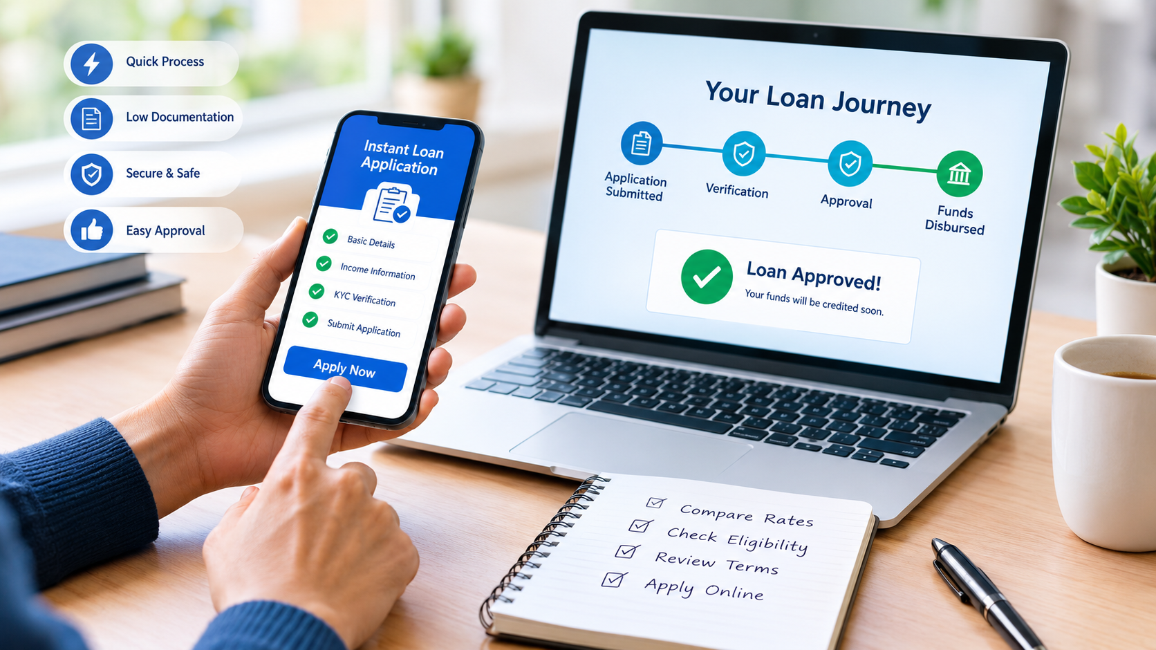Instant loan application online with a smartphone and laptop showing application, verification, approval, and digital loan processing steps. 